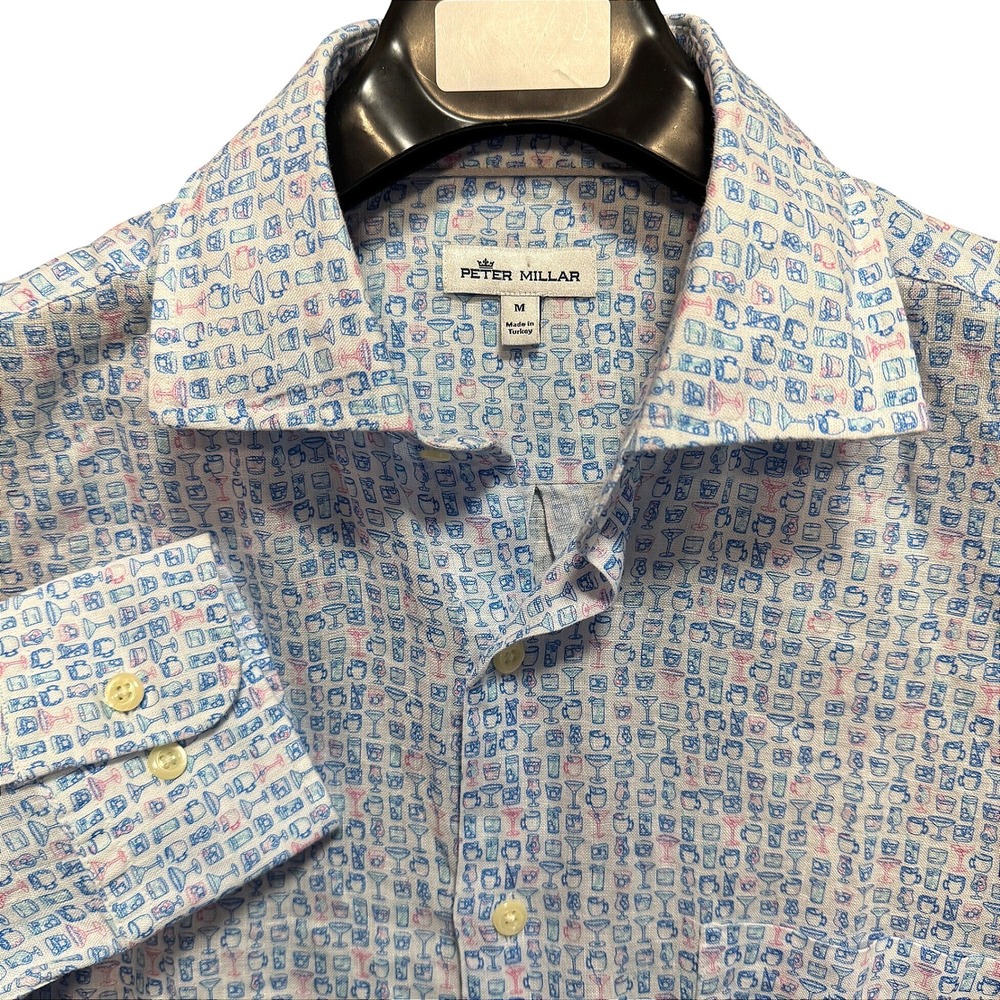 Peter Millar Mens 100% Linen Button‎ Up Shirt Cocktails Print Blue Medium Crown